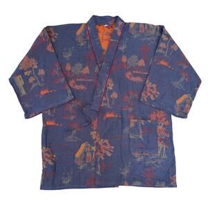 Vintage Japanese Landscape Kimono Robe XL Blue Orange Reversible Jacquard